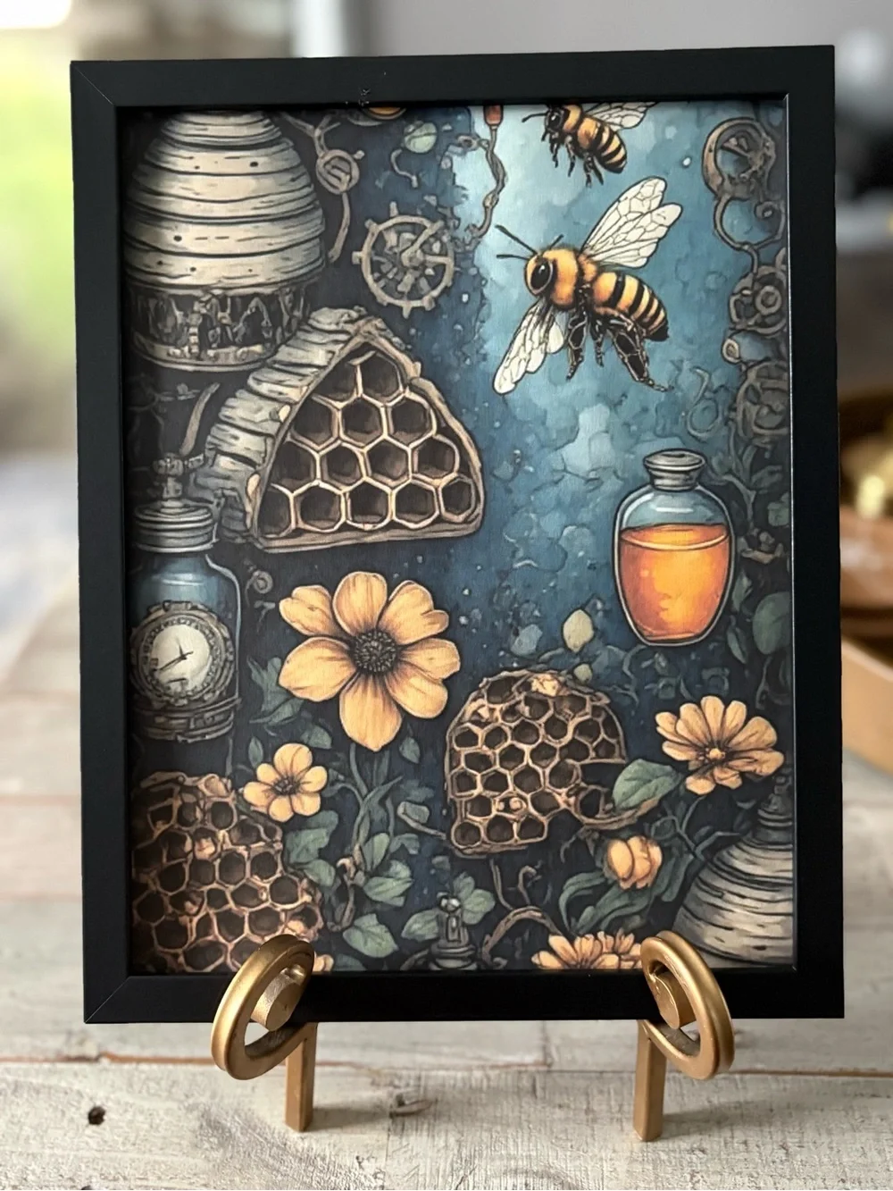 Framed Bee & Honeycomb 8x10 Art Print in Blue and Gold